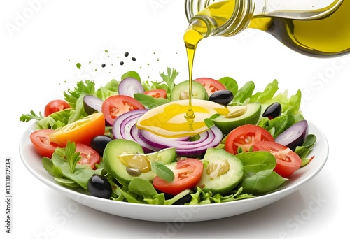 Olive oil drizzle over a vibrant fresh salad with mixed vegetables, illustrated in a simple and playful children's book style, isolated on a white background.