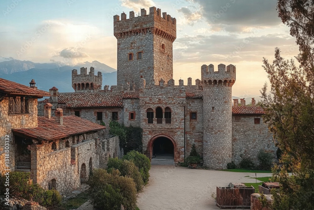 Obraz premium Medieval stone castle with tall towers under a clear sky