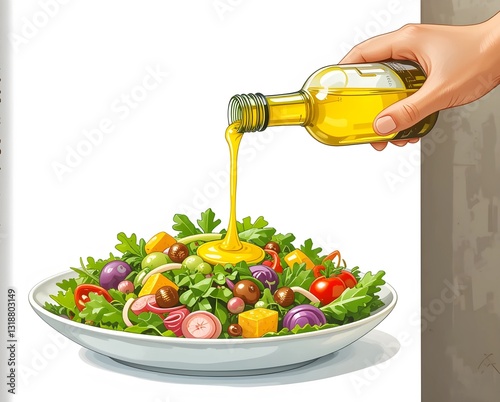 Olive oil drizzle over a vibrant fresh salad with mixed vegetables, illustrated in a simple and playful children's book style, isolated on a white background.