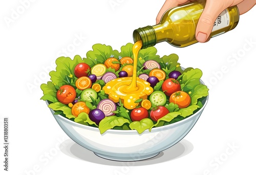 Olive oil drizzle over a vibrant fresh salad with mixed vegetables, illustrated in a simple and playful children's book style, isolated on a white background.