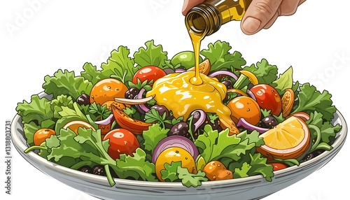Olive oil drizzle over a vibrant fresh salad with mixed vegetables, illustrated in a simple and playful children's book style, isolated on a white background.