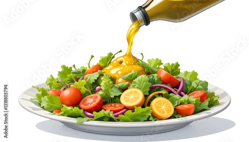 Olive oil drizzle over a vibrant fresh salad with mixed vegetables, illustrated in a simple and playful children's book style, isolated on a white background.
