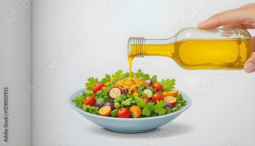 Olive oil drizzle over a vibrant fresh salad with mixed vegetables, illustrated in a simple and playful children's book style, isolated on a white background.