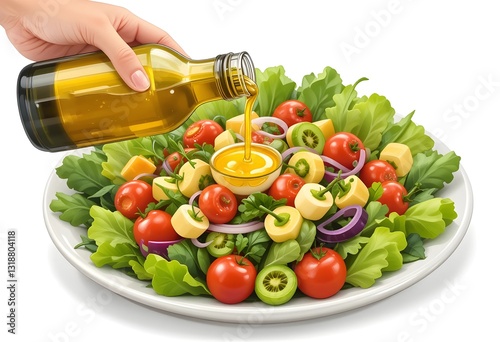 Olive oil drizzle over a vibrant fresh salad with mixed vegetables, illustrated in a simple and playful children's book style, isolated on a white background.