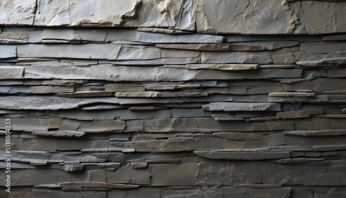 Charcoal gray slate formation. Layered stone texture background. Sedimentary rock pattern.
