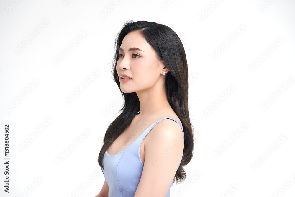 A beautiful young Asian woman with clean, fresh skin against a white background. She represents beauty, skincare, and spa treatments.