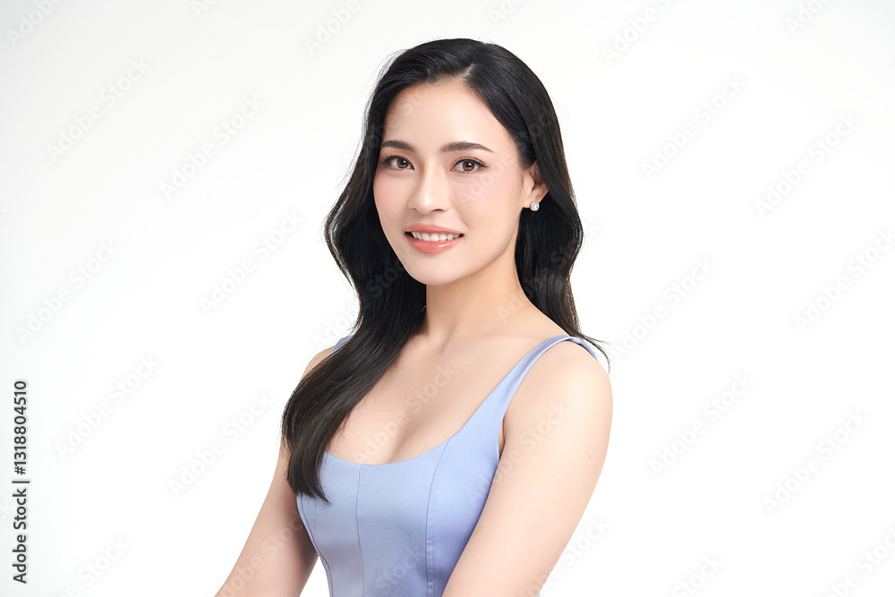 A beautiful young Asian woman with clean, fresh skin against a white background. She represents beauty, skincare, and spa treatments. A beautiful young Asian woman with clean, fresh skin against a white background. She represents beauty, skincare, and spa treatments.