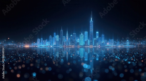 Peaceful futuristic cityscape glowing at night across water