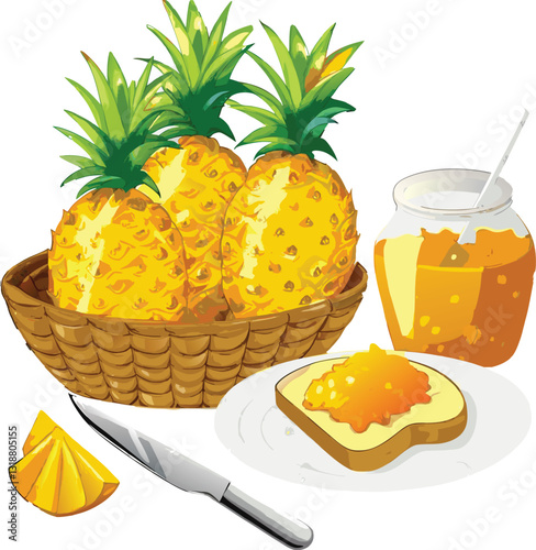 Yellow pineapples in woven basket, jam jar, toast with marmalade on white plate, tropical breakfast scene.eps
