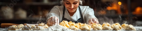 Smiling chef preparing fresh dough and shaping dumplings in a kitchen. Generative AI photo
