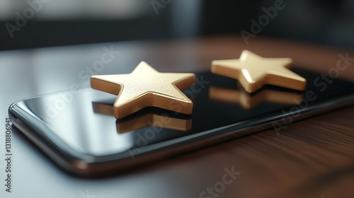 Two Golden Stars Signifying Excellence Rest On A Sleek Smartphone, A Symbol Of Top-rated Mobile App Achievement And User Satisfaction, Reflecting Their Brilliance On The Polished Surface photo