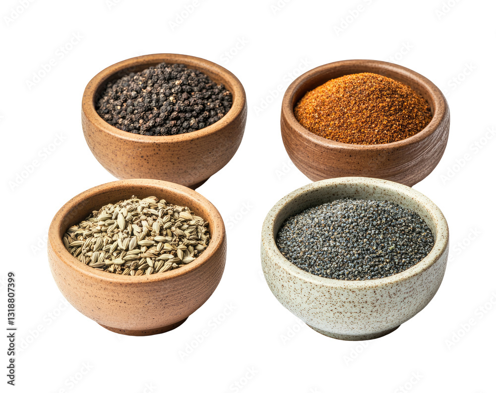 Four small bowls of assorted spices on blank background Four small bowls of assorted spices on blank background