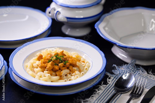 Traditional czech dish, chicken with paprika creamy sauce with pasta - typical for czech or middle europe.