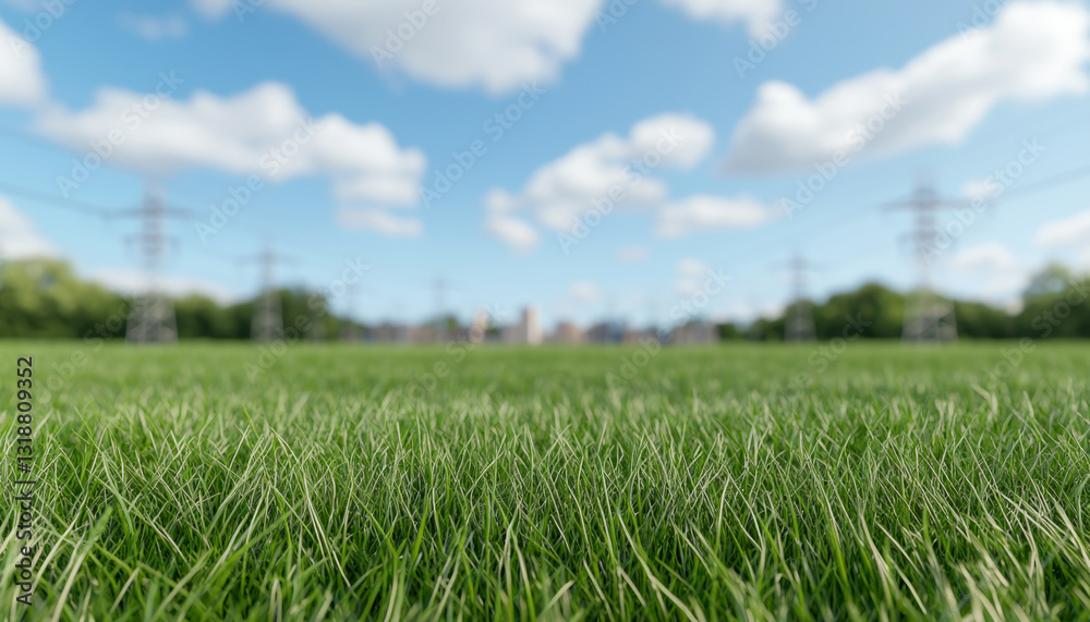 Fototapeta premium lush green field with city skyline in background under blue sky