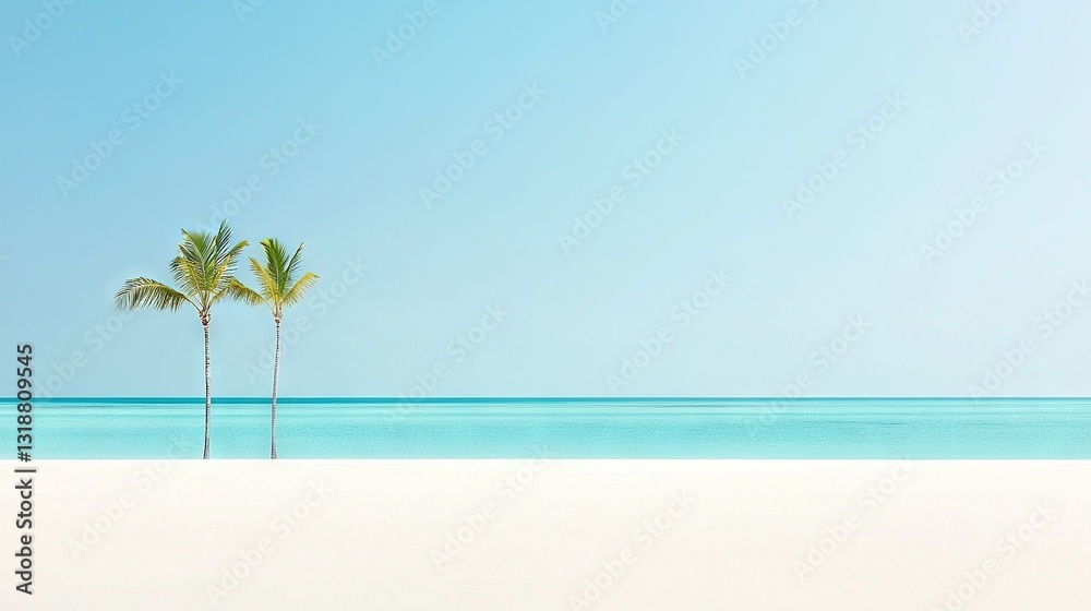 Fototapeta premium A pair of palm trees resting atop a white sand shore beside the ocean on a bright day