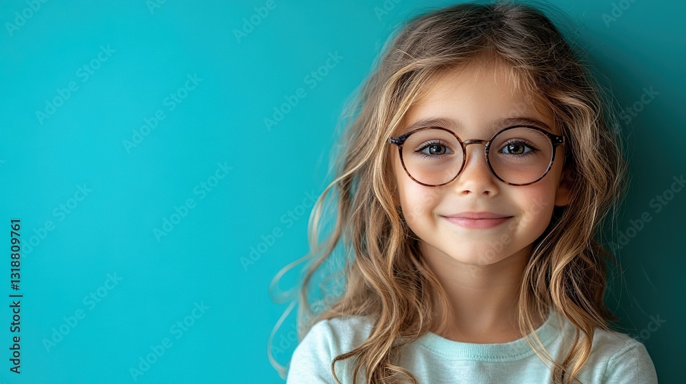 Obraz premium A young girl with long hair and glasses is smiling at the camera