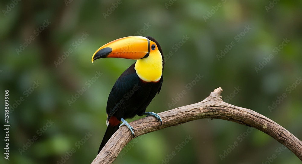 Naklejka premium 鮮やか色彩 熱帯雨林 オニオオハシ 静かに枝にとまる. AI Generated