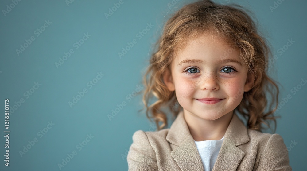 A young girl with brown hair and blue eyes is wearing a tan jacket and smiling A young girl with brown hair and blue eyes is wearing a tan jacket and smiling