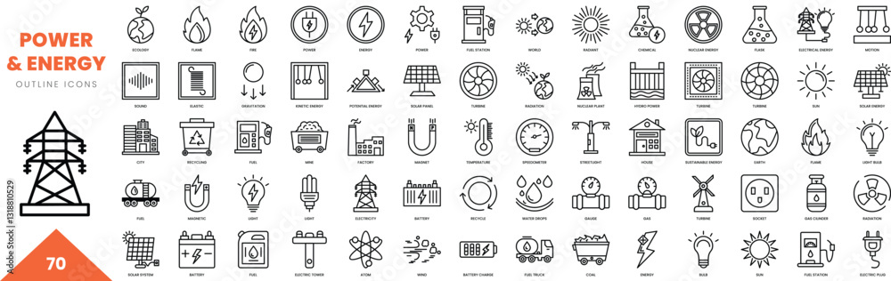 Naklejka premium power and energy outline icon collection. Vector illustration