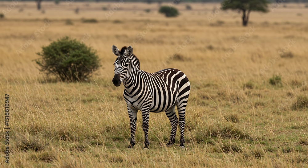 Naklejka premium 草原に立つシマウマ 夕日輝く 美しい縞模様. AI Generated