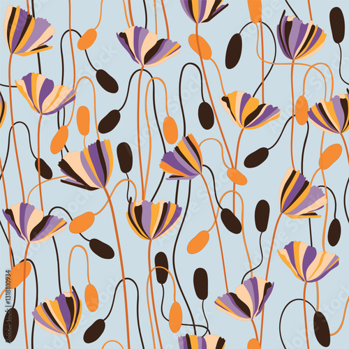 Botanical vector seamless pattern. Colorful floral background. Modern flat linear design for fabric. Blooming poppy flowers, stems and buds allover print.