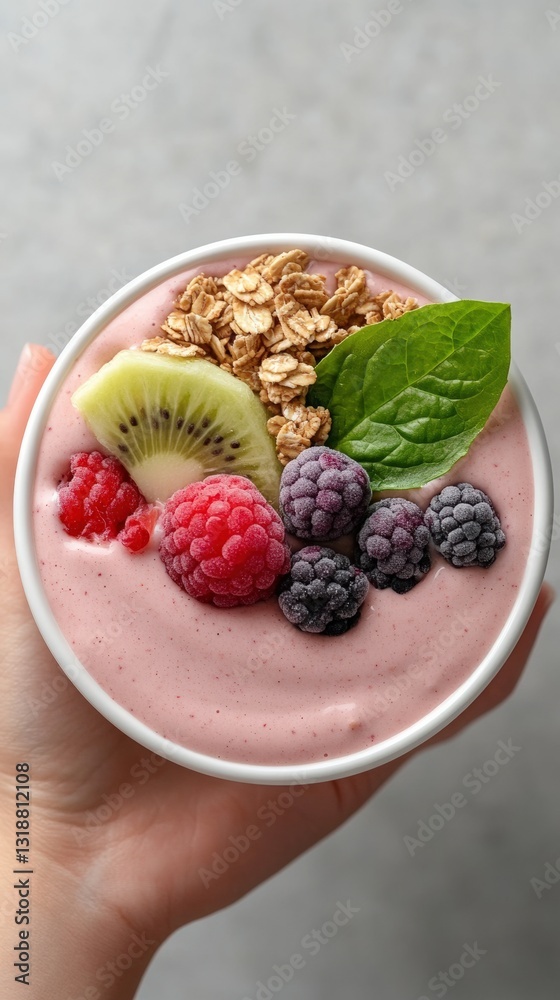 Delicious smoothie bowl topped with fresh kiwi, raspberries, blackberries, granola, and spinach leaf for a healthy breakfast option.