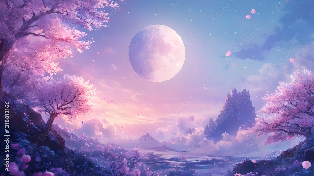 Naklejka premium A serene scene of a full moon and blooming trees