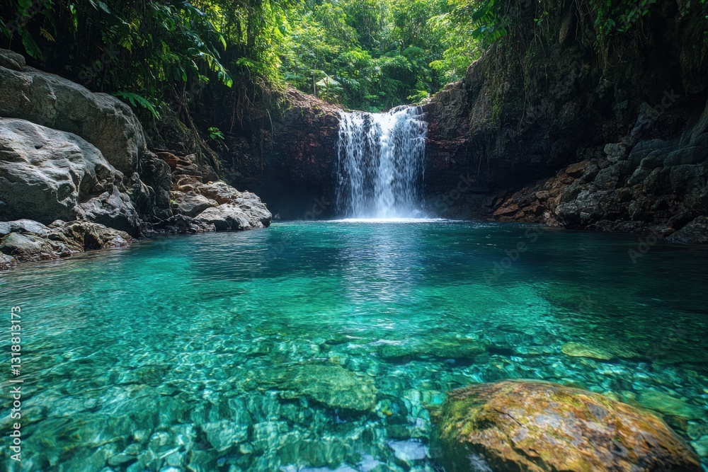 Fototapeta premium Tropical hidden waterfall surrounded by lush greenery