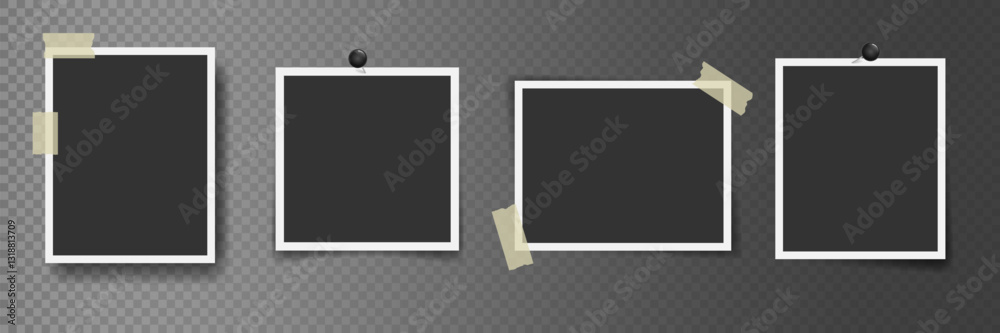 Set of realistic photo frames with with black push pins and adhesive tape on transparent background. Minimalist vector mockup. Template for collage, photo album, social media post, poster, portfolio
