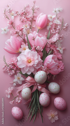 Bouquet of pink flowers, tulips and small Easter eggs on a delicate pastel background