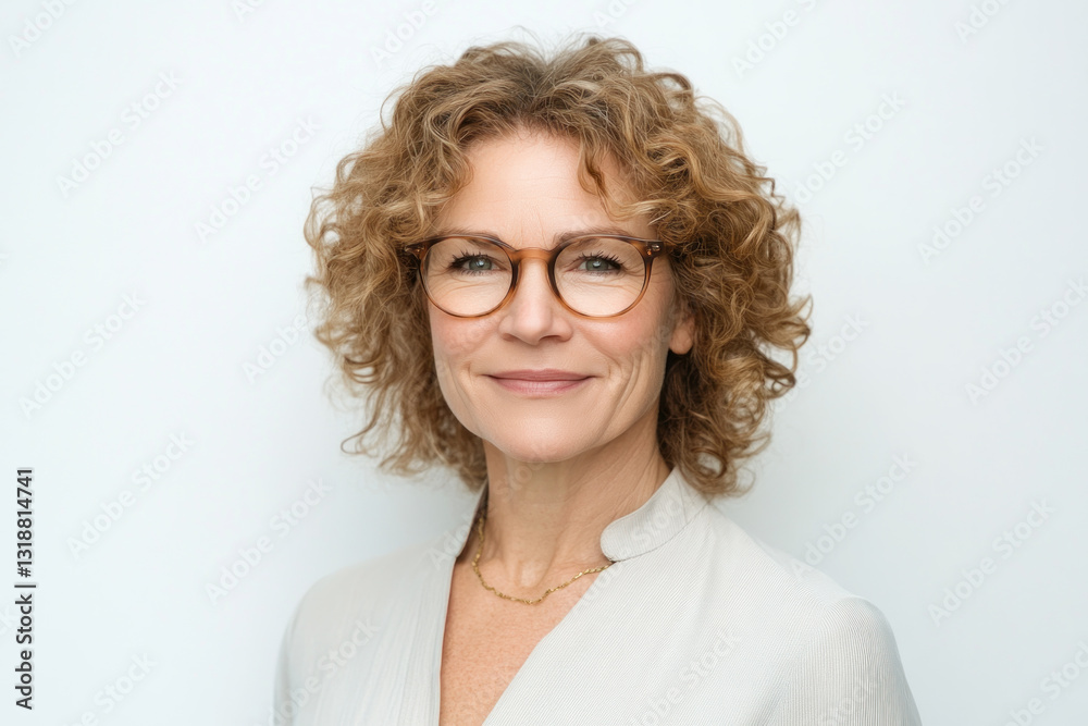 Obraz premium A confident middle-aged woman with curly hair and glasses smiles warmly against a plain white background, embodying professionalism and approachability