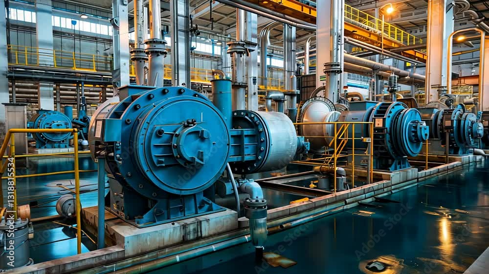 An industrial factory scene with large machinery, including turbines and pipes, showcasing a high-tech, operational manufacturing environment. An industrial factory scene with large machinery, including turbines and pipes, showcasing a high-tech, operational manufacturing environment.
