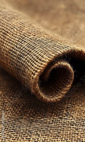 Close-up of Rolled Brown Burlap Fabric Texture, Natural Fiber Detail