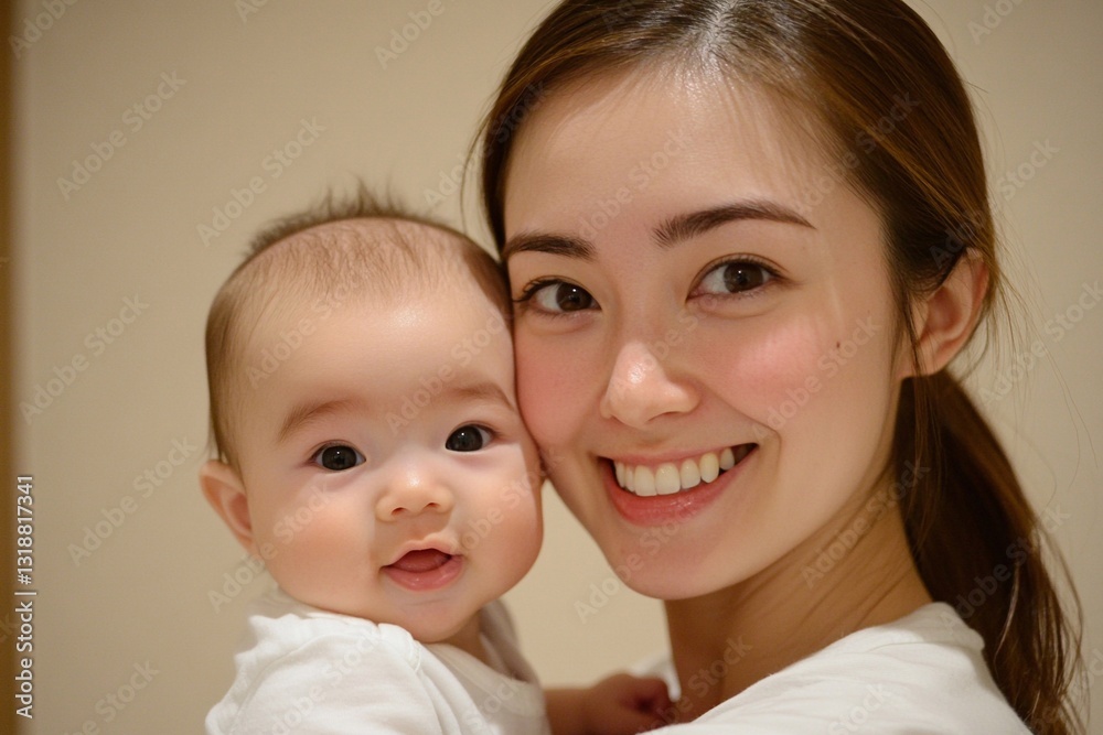 Smiling woman holds happy baby in close embrace, both displaying joy and connection Smiling woman holds happy baby in close embrace, both displaying joy and connection