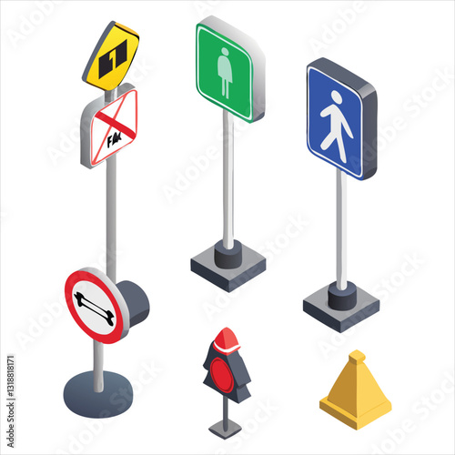 Realistic 3D Road Sign Icons with Reflective Surfaces and Smooth Shading