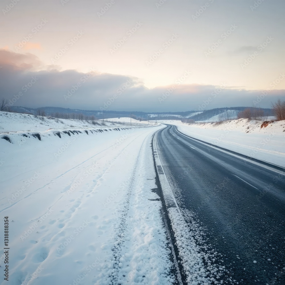 Snow-covered asphalt stretches into the distance, frosty air, Snow-covered asphalt stretches into the distance, frosty air,
