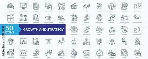 Growth and strategy icon collection set with market analysis, financial projection, risk assessment, supply chain optimization,quality control

