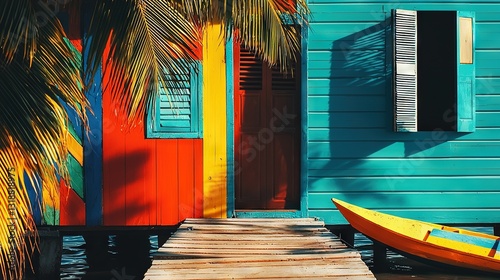   A boat rests on a dock adjacent to a blue building with a red door and another yellow boat nearby