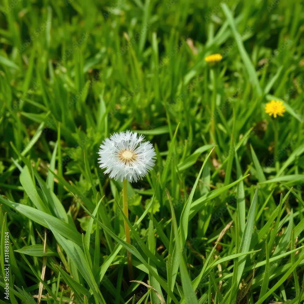 Single dandelion flower on a lush green meadow with a few blades of grass, flowers, garden, foliage Single dandelion flower on a lush green meadow with a few blades of grass, flowers, garden, foliage