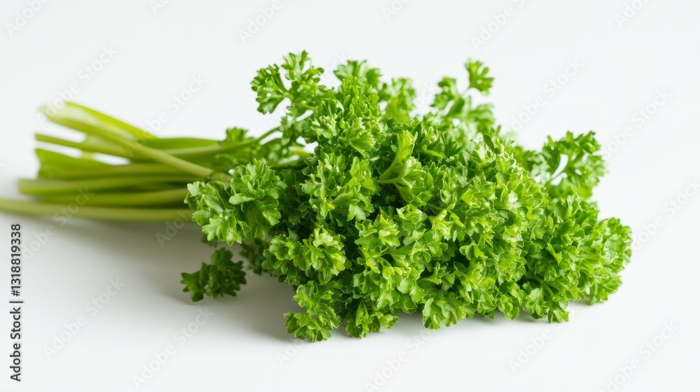 Fresh curly parsley on white background showcasing vibrant green leaves with detailed texture, ideal for culinary presentations, organic food concepts, and healthy eating visuals Fresh curly parsley on white background showcasing vibrant green leaves with detailed texture, ideal for culinary presentations, organic food concepts, and healthy eating visuals