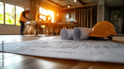 Construction site blueprints and hard hats