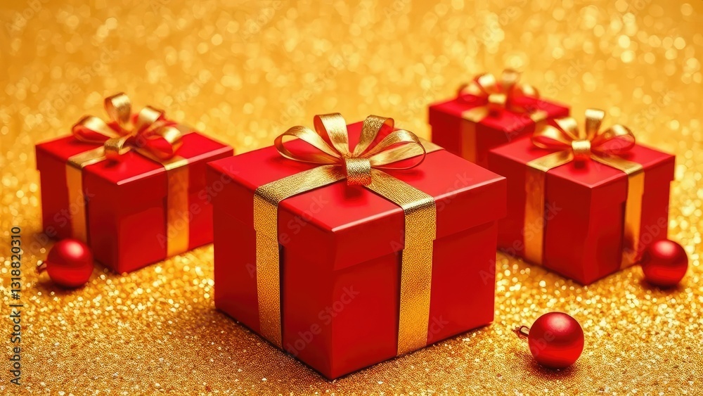 Obraz premium Red gift box with golden foil, placed on a glittering gold background, gift boxes, decorations, red