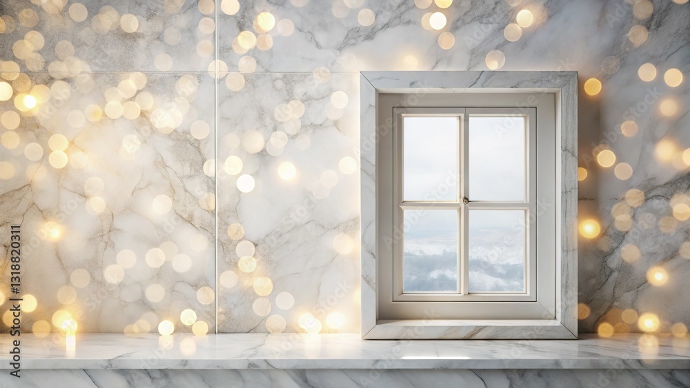 Fototapeta premium Aerial View: Clean Marble Flat Lay with Window & Bokeh Background - Perfect for Product Placement