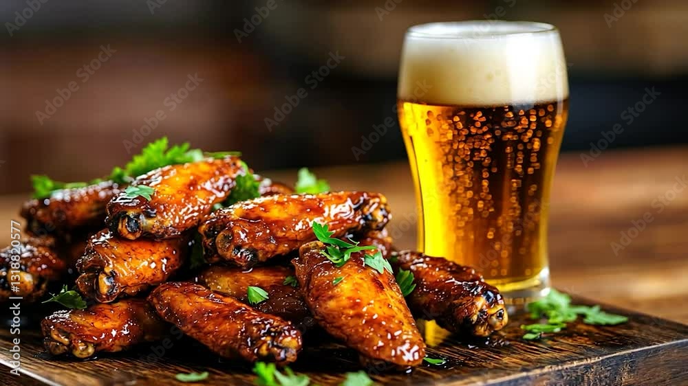 Crispy chicken wings and a glass of beer