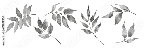 Grunge vintage leaves en halftones. Aesthetic graphic tattoo. Gothic punk poster.Trendy elements with retro photocopy effect.