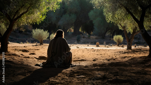 Silhouette of Jesus praying in the garden of Gethsemane.