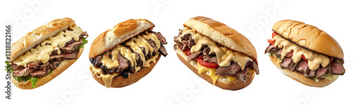 A sliced beef steak sandwich on a roll, topped with rich melted cheese sauce and creamy mayonnaise, with no lettuce, tomato, or onion. isolated