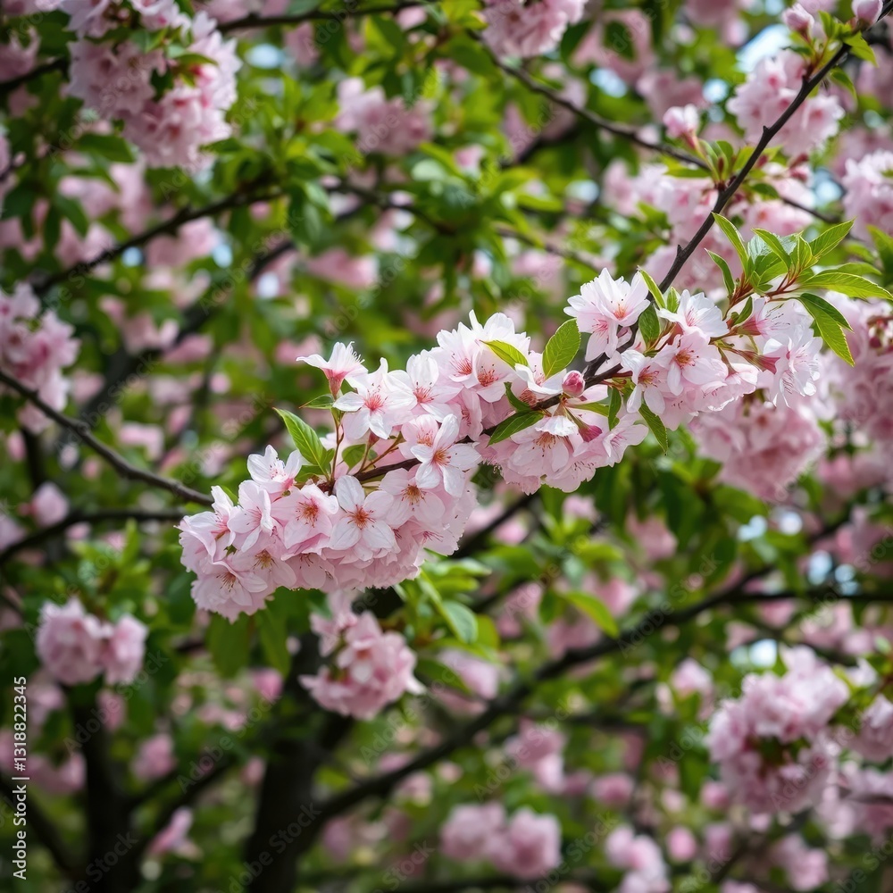 Pink cherry blossoms against a backdrop of lush green leaves, blossom, trees Pink cherry blossoms against a backdrop of lush green leaves, blossom, trees