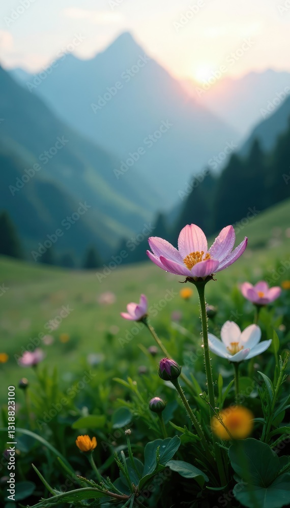 Obraz premium misty morning in the mountains with dew drops clinging to grass and flowers, dew, flower, morning