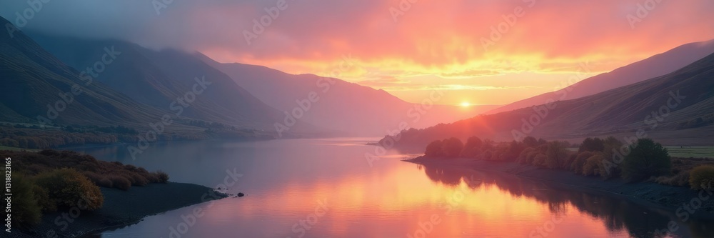Fototapeta premium Misty dawn over river bank with hills in Scottish landscape, Landscape, Solitude, Nature